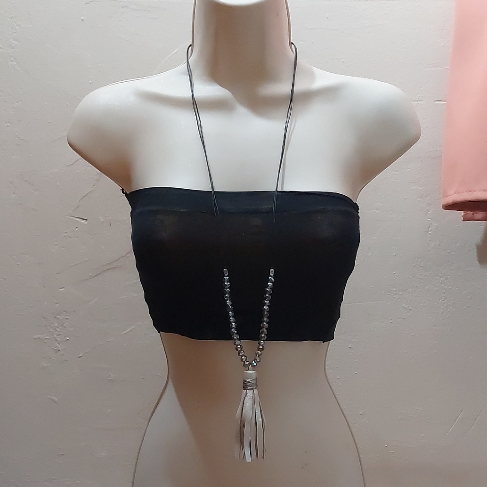 Beaded Black Cord with Faux Leather Tassel Statement Necklace